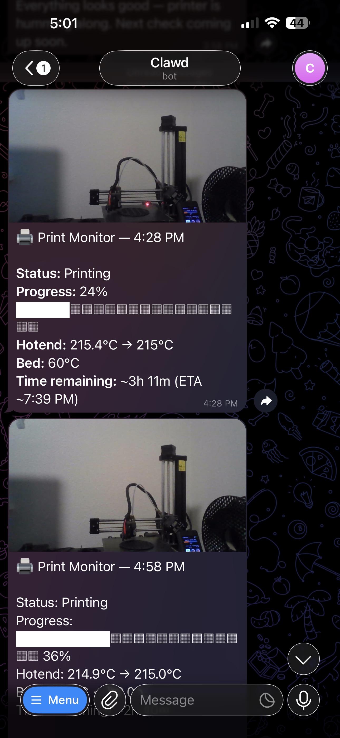 Clawdence agent sending Dillon live webcam snapshots with print progress stats